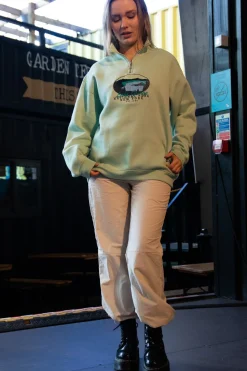 Daisy Street 1/4 Zip Boyfriend Sweater with Embroidered Print-Women Hoodies & Sweatshirts