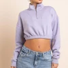 Daisy Street 1/4 Zip Elastic Waist Crop Sweater in Misty-Women Hoodies & Sweatshirts