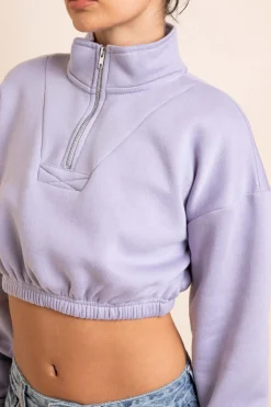 Daisy Street 1/4 Zip Elastic Waist Crop Sweater in Misty-Women Hoodies & Sweatshirts