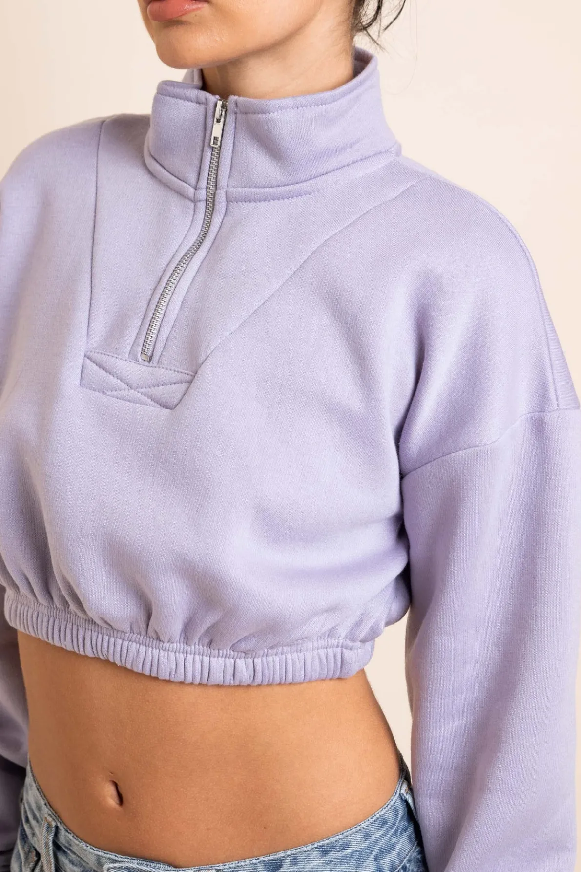 Daisy Street 1/4 Zip Elastic Waist Crop Sweater in Misty-Women Hoodies & Sweatshirts