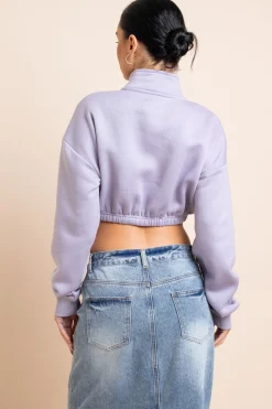 Daisy Street 1/4 Zip Elastic Waist Crop Sweater in Misty-Women Hoodies & Sweatshirts