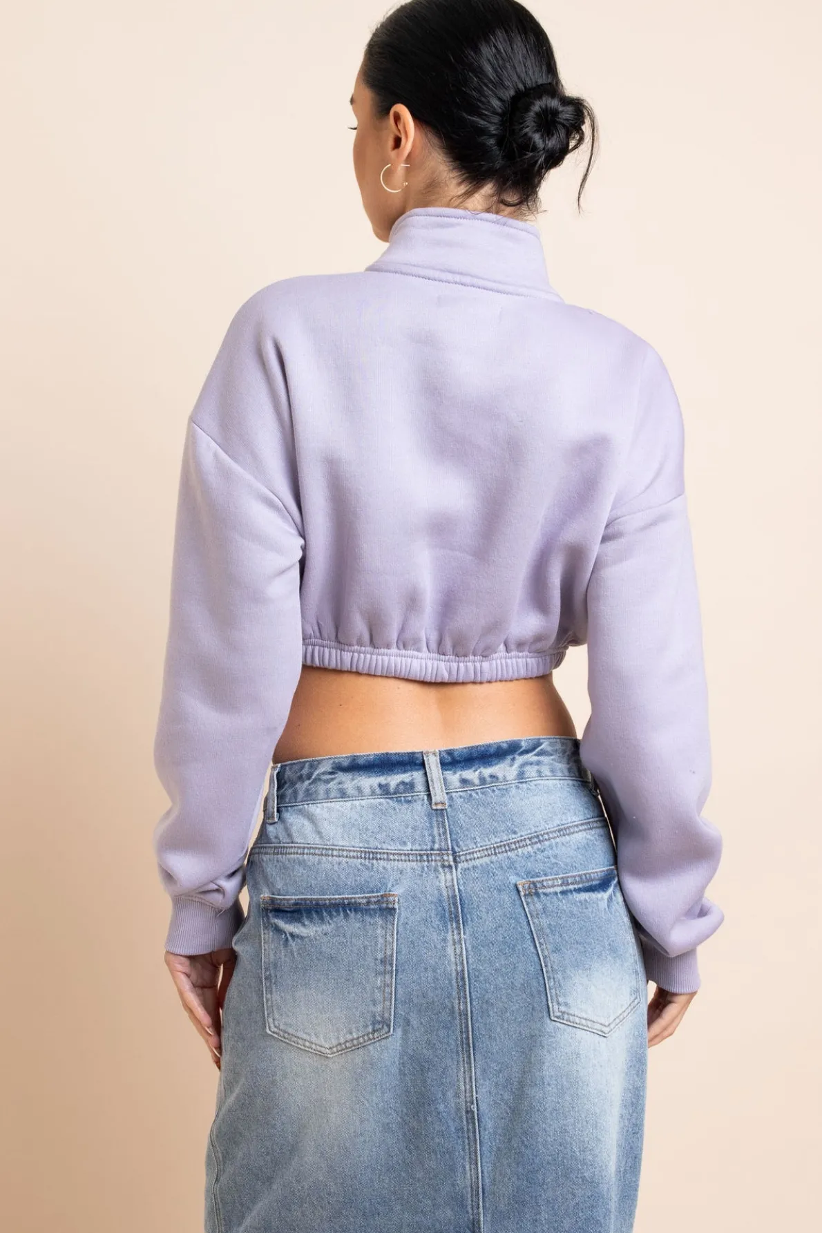 Daisy Street 1/4 Zip Elastic Waist Crop Sweater in Misty-Women Hoodies & Sweatshirts