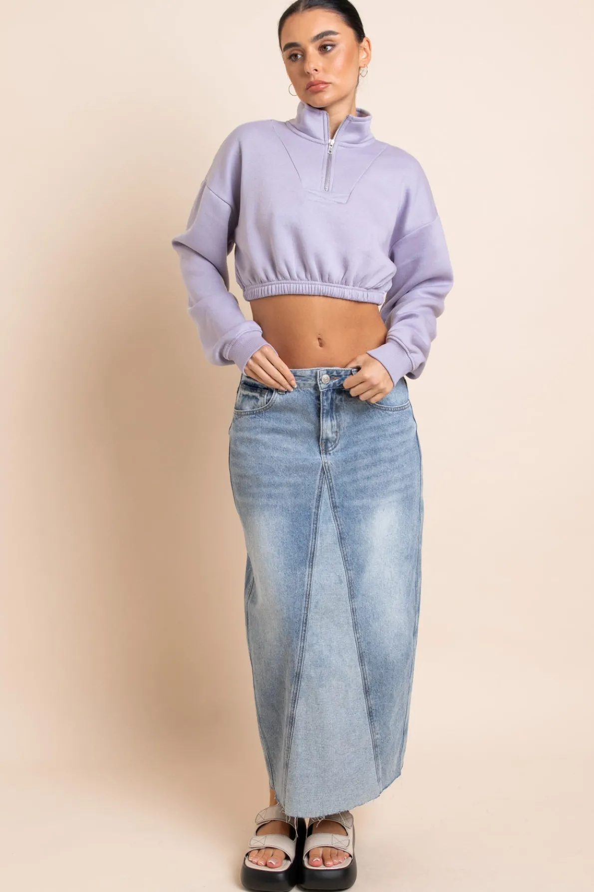 Daisy Street 1/4 Zip Elastic Waist Crop Sweater in Misty-Women Hoodies & Sweatshirts