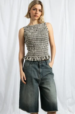 Daisy Street Boat Neck Top With All Over Shirring And Frill Hem-Women Tops