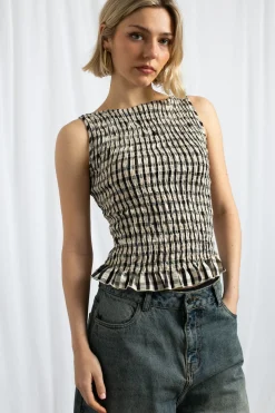 Daisy Street Boat Neck Top With All Over Shirring And Frill Hem-Women Tops