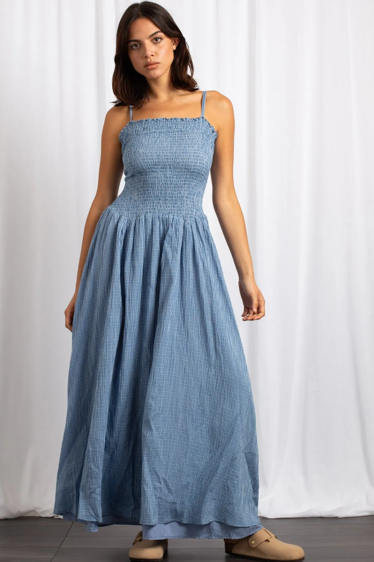 Daisy Street Check Drop Waist Detail Maxi Dress-Women Dresses