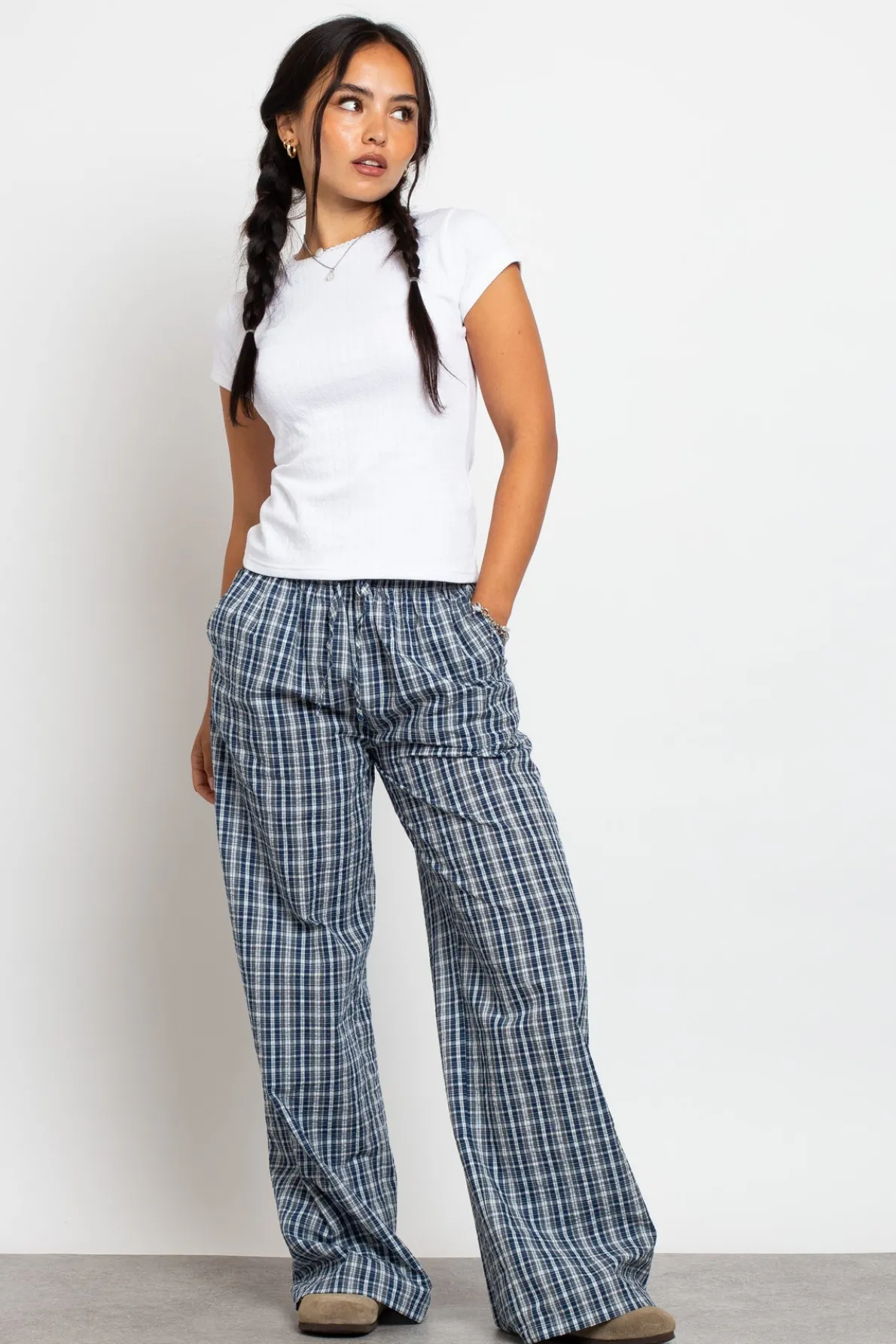 Daisy Street Check Wide Leg Trouser With Drawcord Waist-Women Trousers