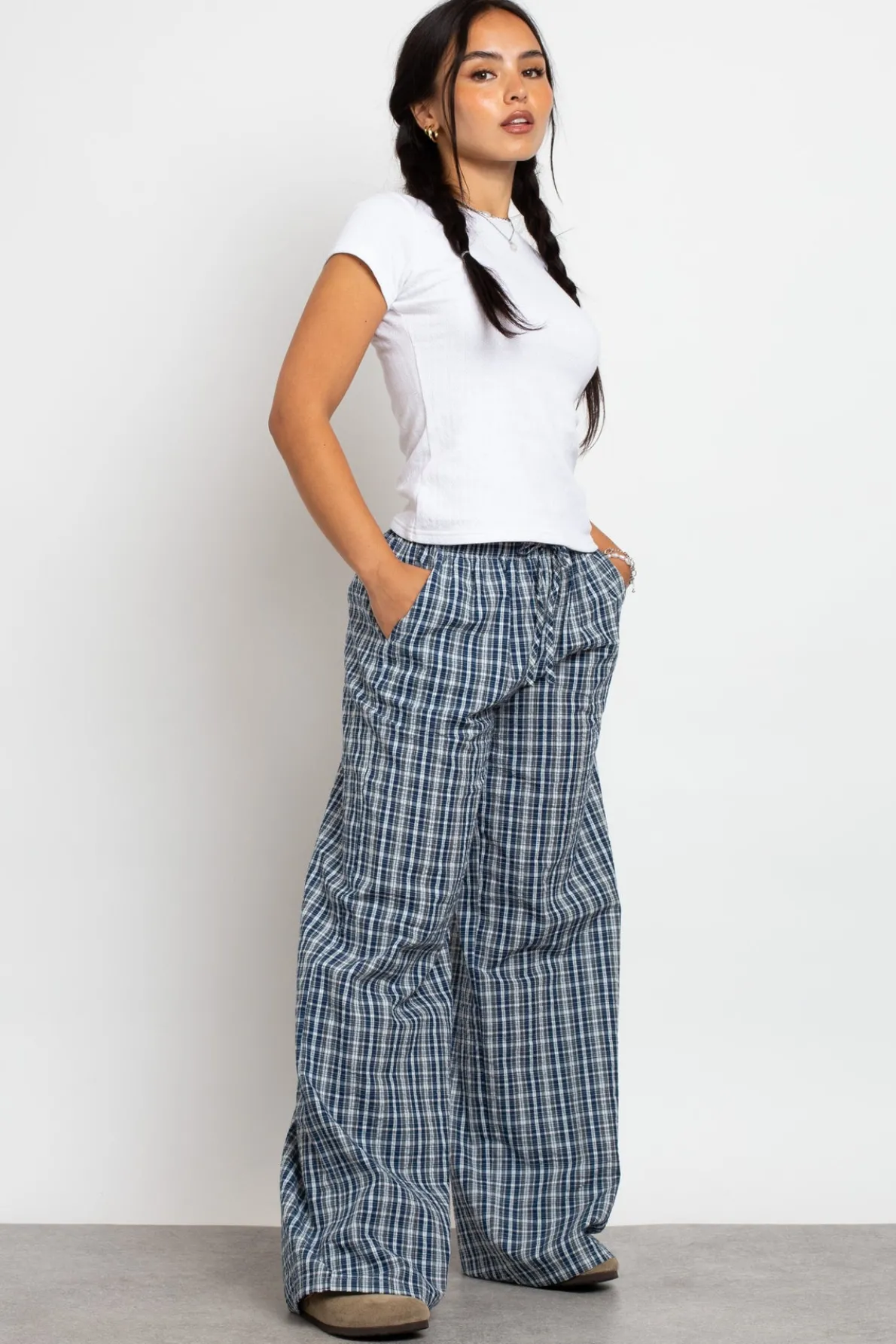 Daisy Street Check Wide Leg Trouser With Drawcord Waist-Women Trousers