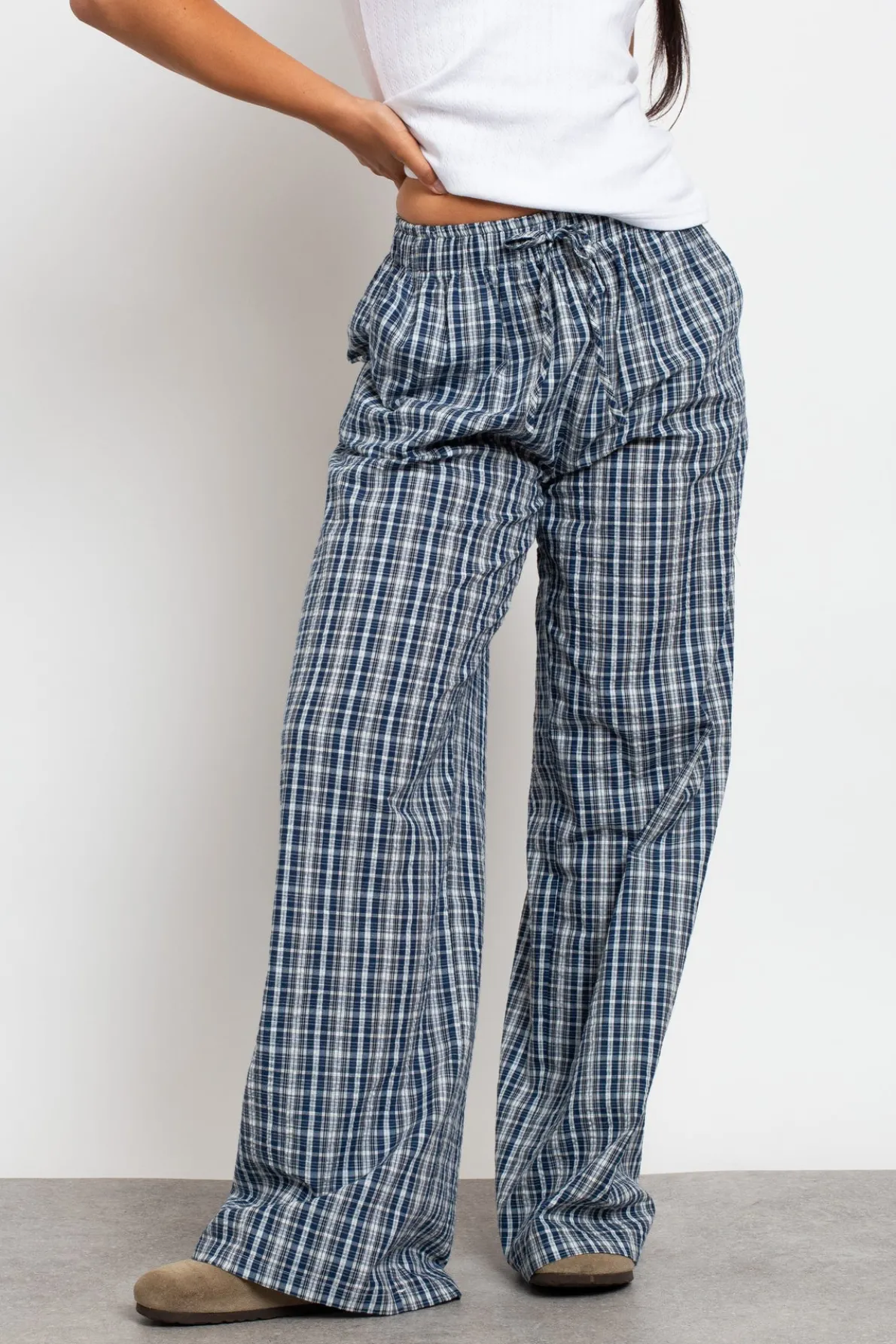 Daisy Street Check Wide Leg Trouser With Drawcord Waist-Women Trousers
