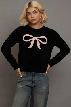 Daisy Street Chenille Bow Motif Sweater-Women Tops