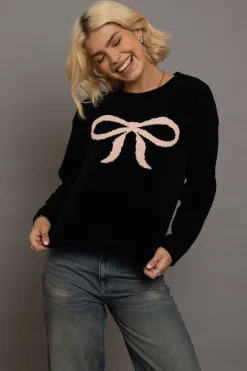 Daisy Street Chenille Bow Motif Sweater-Women Tops