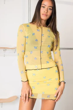 Daisy Street Contrast Seam Mesh Top Print-Women Tops
