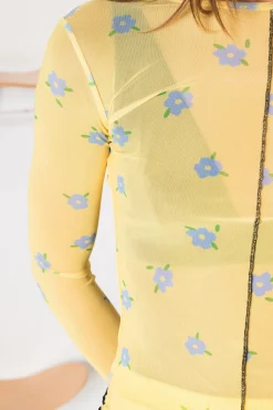 Daisy Street Contrast Seam Mesh Top Print-Women Tops