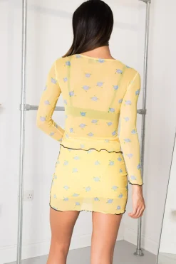 Daisy Street Contrast Seam Mesh Top Print-Women Tops