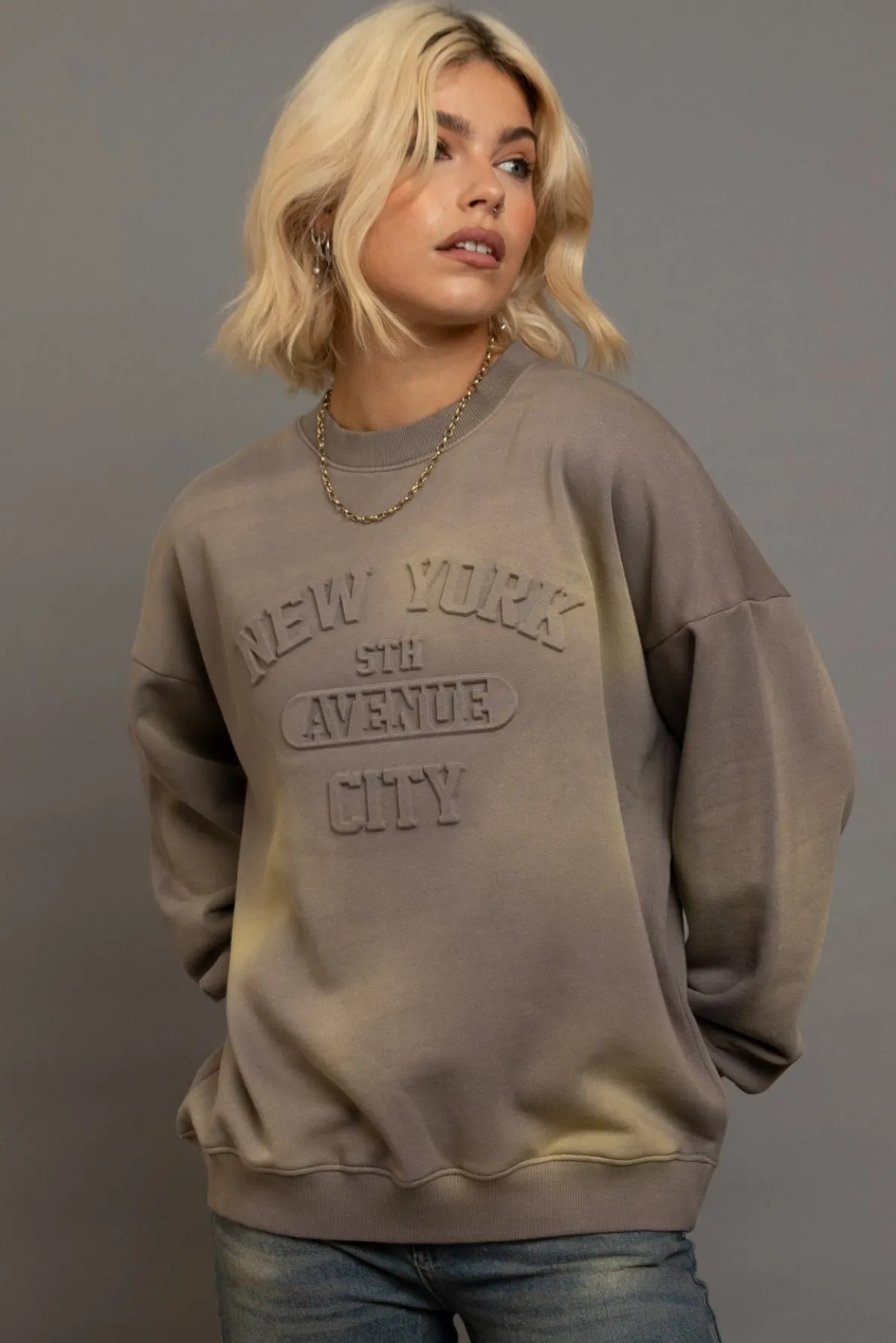Daisy Street Crew Neck Sweat With Embossed Text-Women Hoodies & Sweatshirts