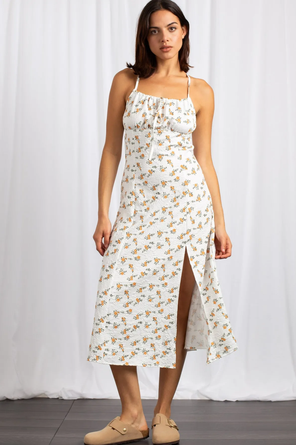Daisy Street Cross Back Ruched Bust Midi Dress With High Split-Women Dresses
