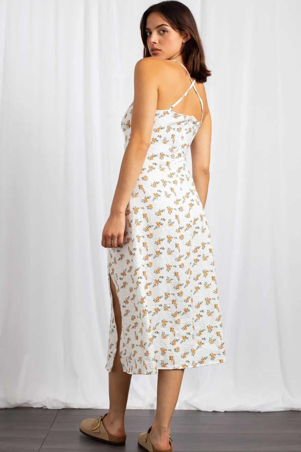 Daisy Street Cross Back Ruched Bust Midi Dress With High Split-Women Dresses