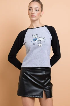 Daisy Street Deer Contrast Raglan Sleeve Tee-Women Tops