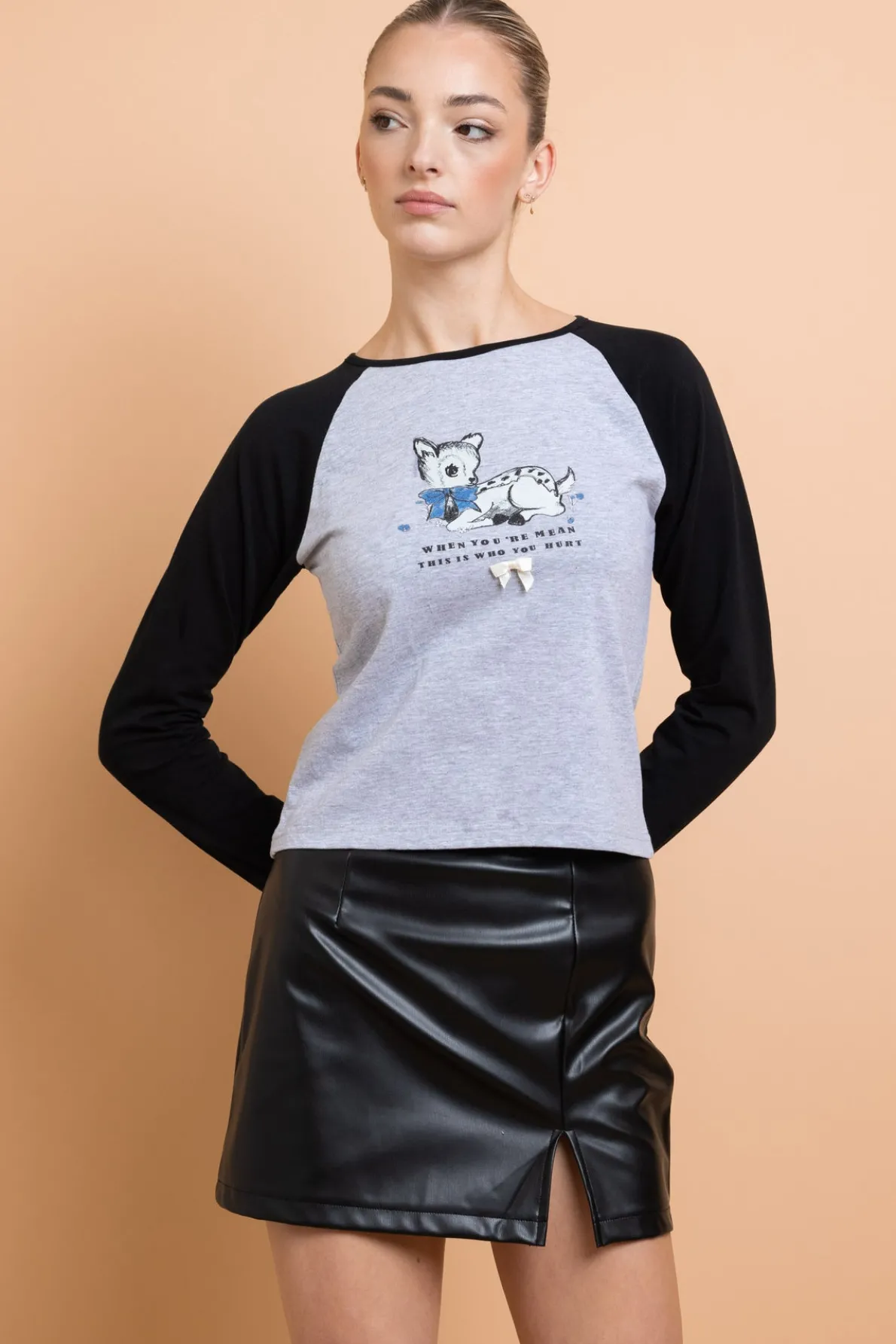 Daisy Street Deer Contrast Raglan Sleeve Tee-Women Tops