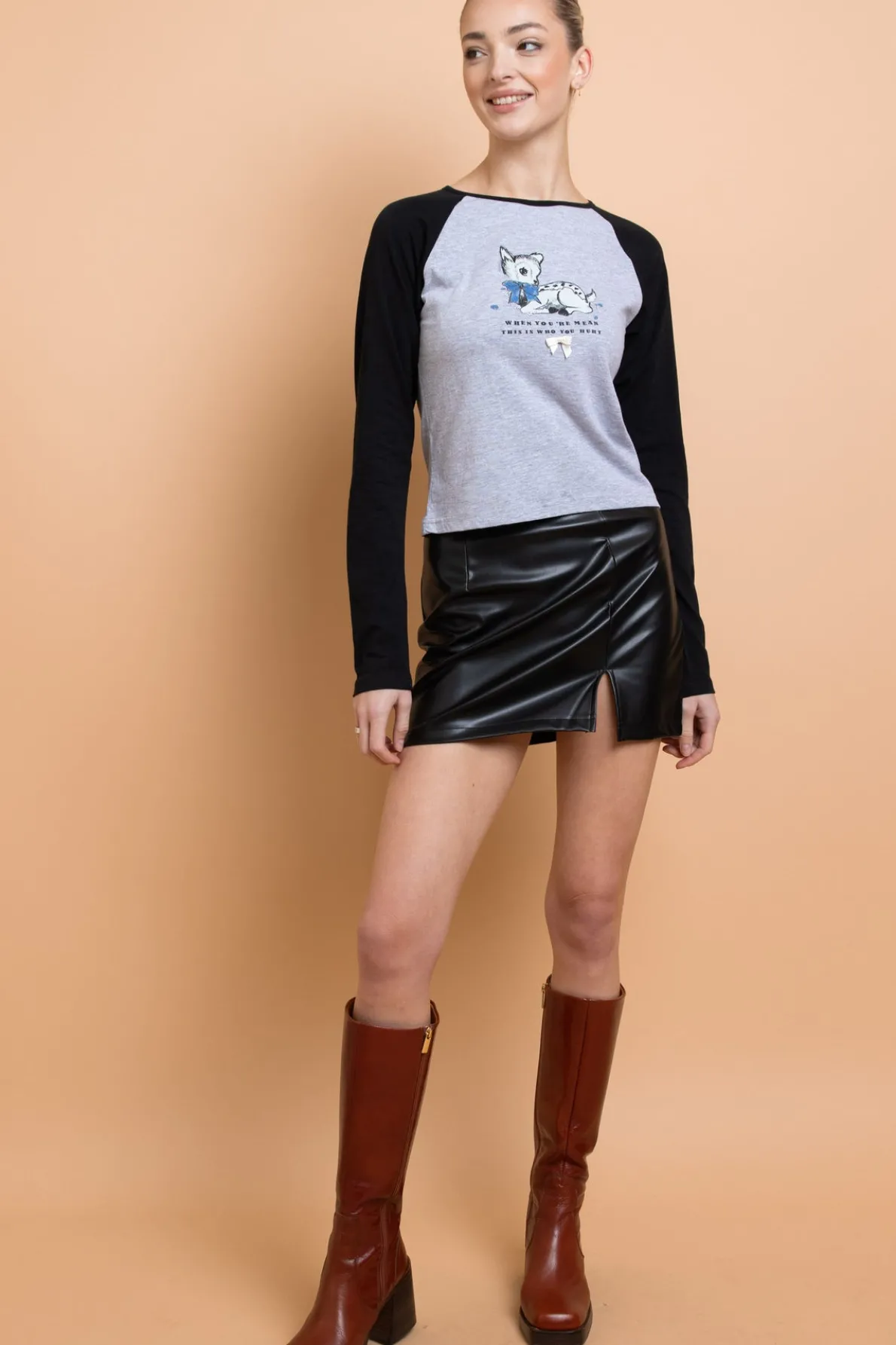 Daisy Street Deer Contrast Raglan Sleeve Tee-Women Tops