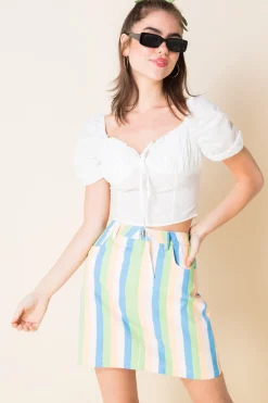Daisy Street Denim Mini Skirt in Pastel Rainbow Stripe-Women Skirts