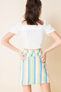 Daisy Street Denim Mini Skirt in Pastel Rainbow Stripe-Women Skirts