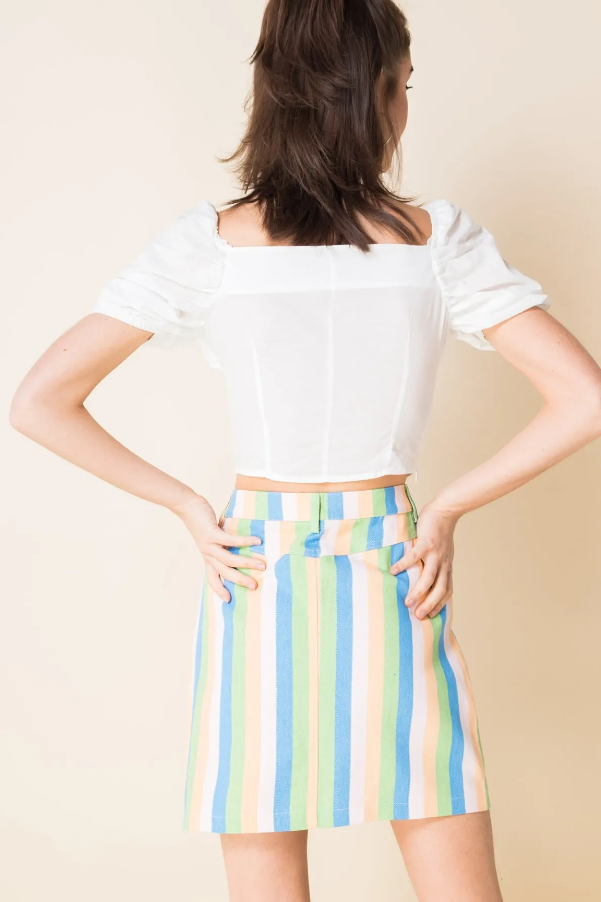 Daisy Street Denim Mini Skirt in Pastel Rainbow Stripe-Women Skirts