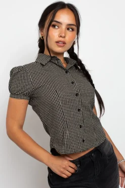 Daisy Street Fitted Check Shirt With Puff Sleeve-Women Tops