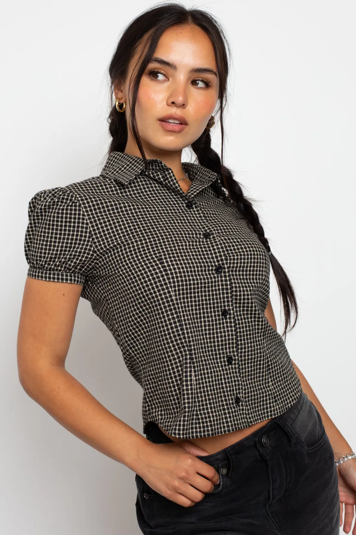 Daisy Street Fitted Check Shirt With Puff Sleeve-Women Tops