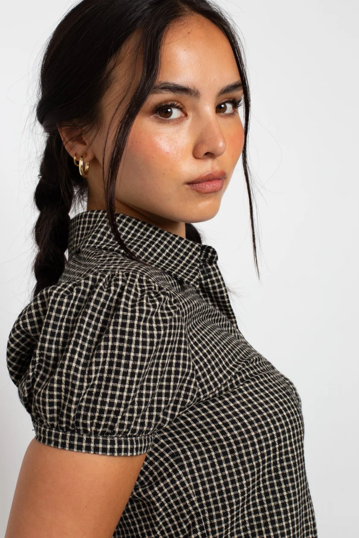 Daisy Street Fitted Check Shirt With Puff Sleeve-Women Tops