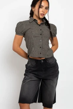 Daisy Street Fitted Check Shirt With Puff Sleeve-Women Tops