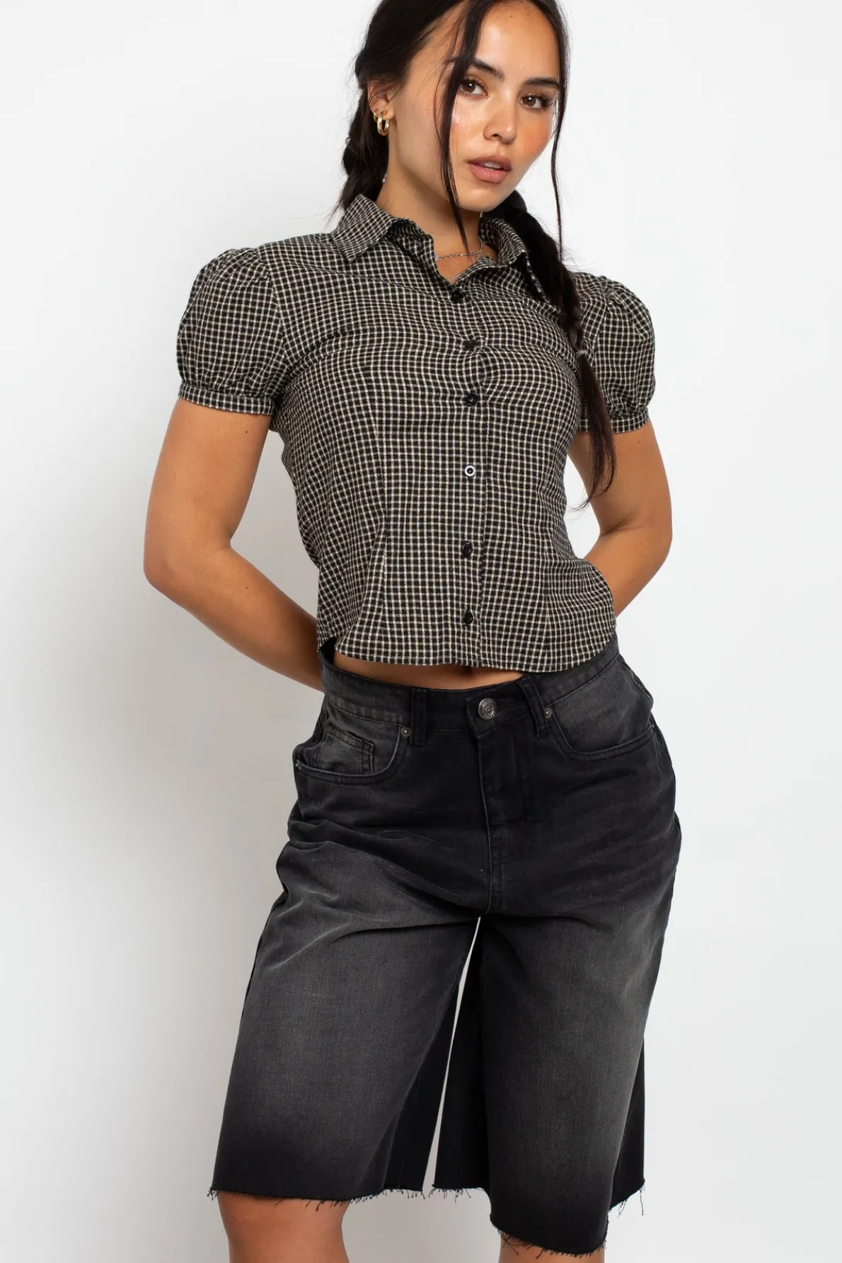 Daisy Street Fitted Check Shirt With Puff Sleeve-Women Tops