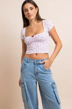Daisy Street Floral Ruched Baby Tee-Women Tops