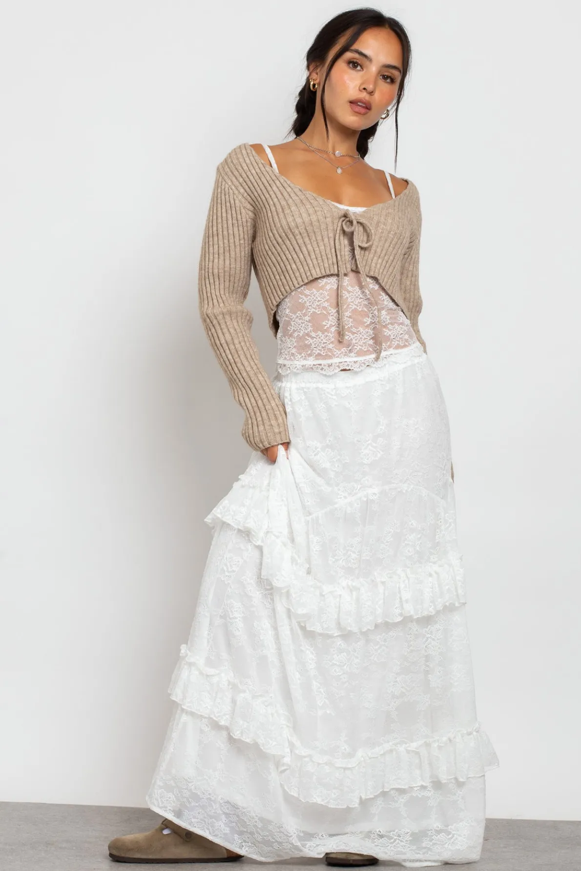 Daisy Street Frill Detail Lace Maxi Skirt-Women Skirts