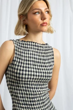 Daisy Street Gingham Boat Neck Mini Dress-Women Dresses