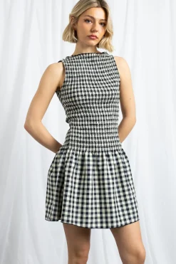 Daisy Street Gingham Boat Neck Mini Dress-Women Dresses