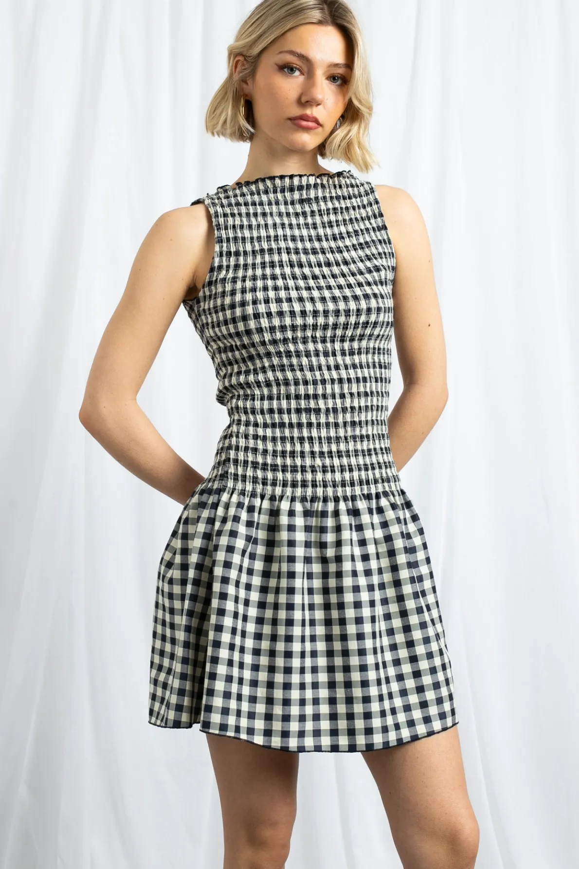 Daisy Street Gingham Boat Neck Mini Dress-Women Dresses