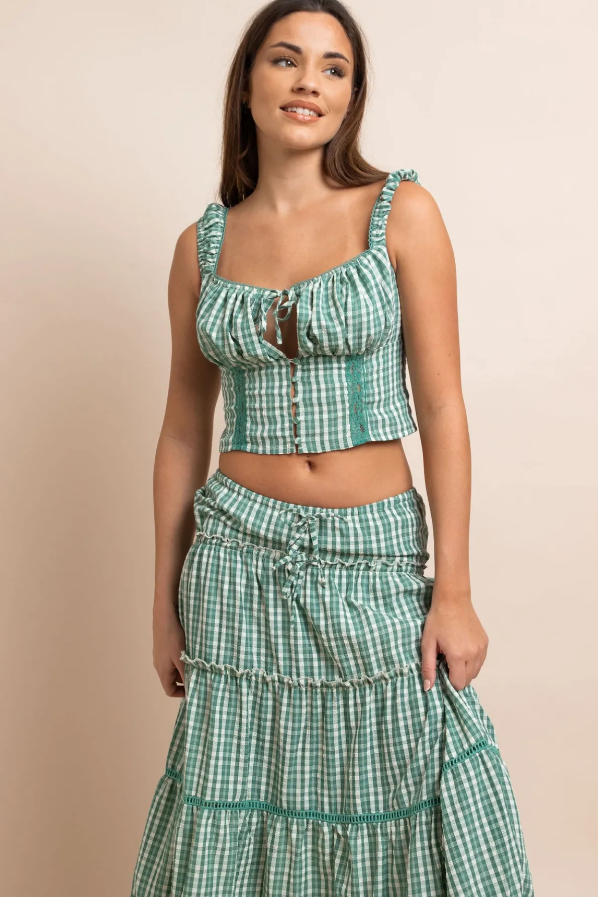Daisy Street Gingham Check Milkmaid Top-Women Tops