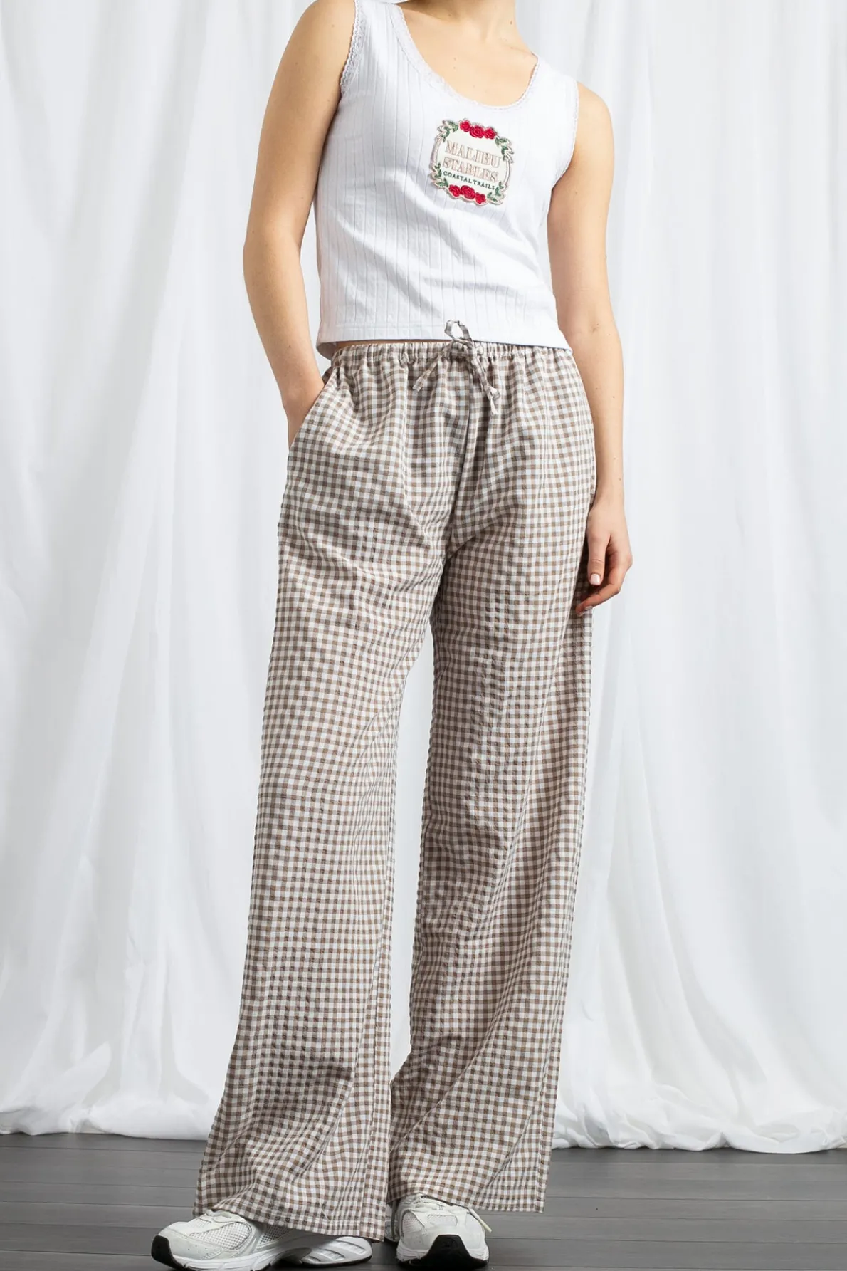 Daisy Street Gingham Drawstring Wide Leg Trousers-Women Trousers