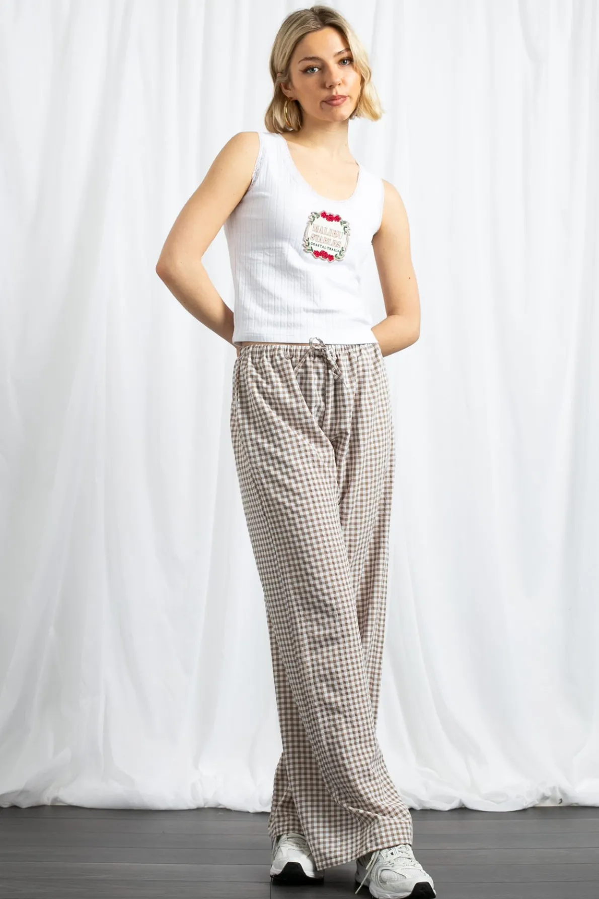 Daisy Street Gingham Drawstring Wide Leg Trousers-Women Trousers
