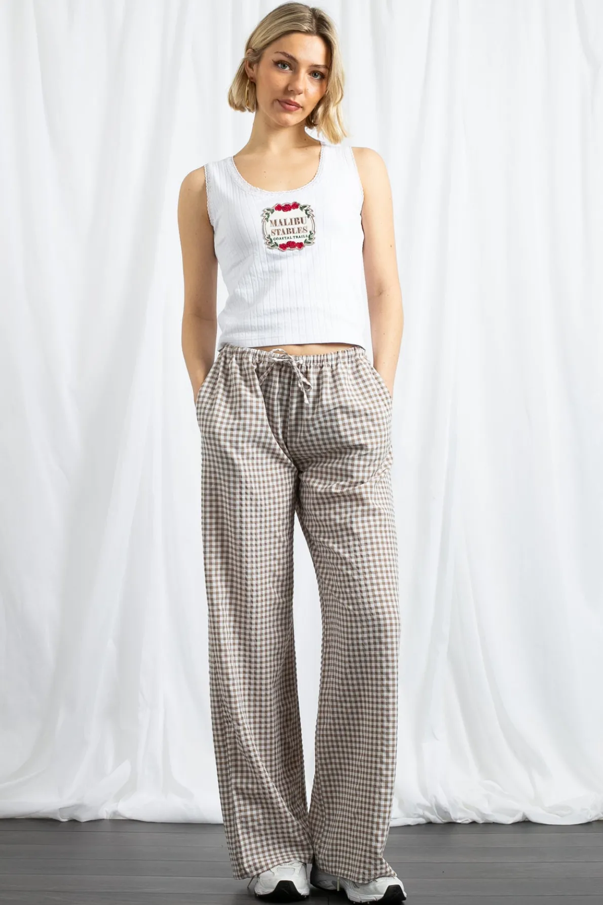 Daisy Street Gingham Drawstring Wide Leg Trousers-Women Trousers