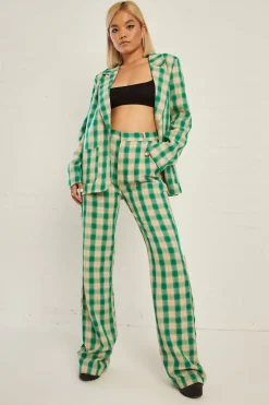 Daisy Street High Waisted Flared Trousers in Check Print-Women Trousers