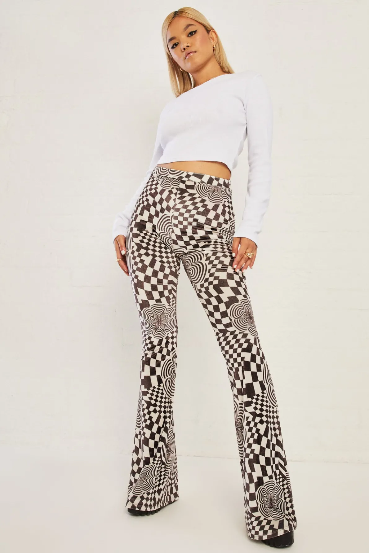 Daisy Street High Waisted Flared Trousers In Velvet Print-Women Trousers