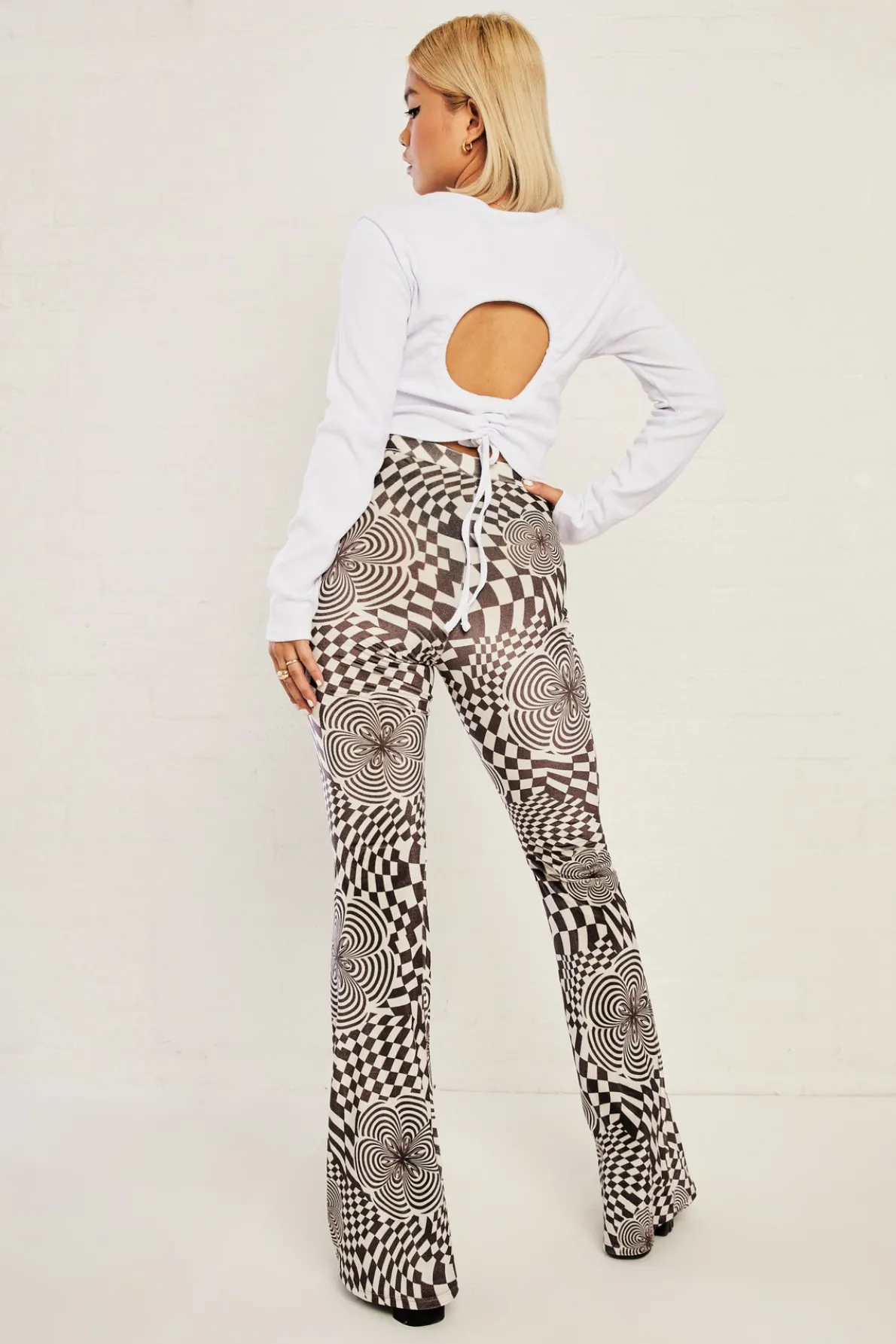 Daisy Street High Waisted Flared Trousers In Velvet Print-Women Trousers