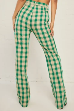 Daisy Street High Waisted Flared Trousers in Check Print-Women Trousers