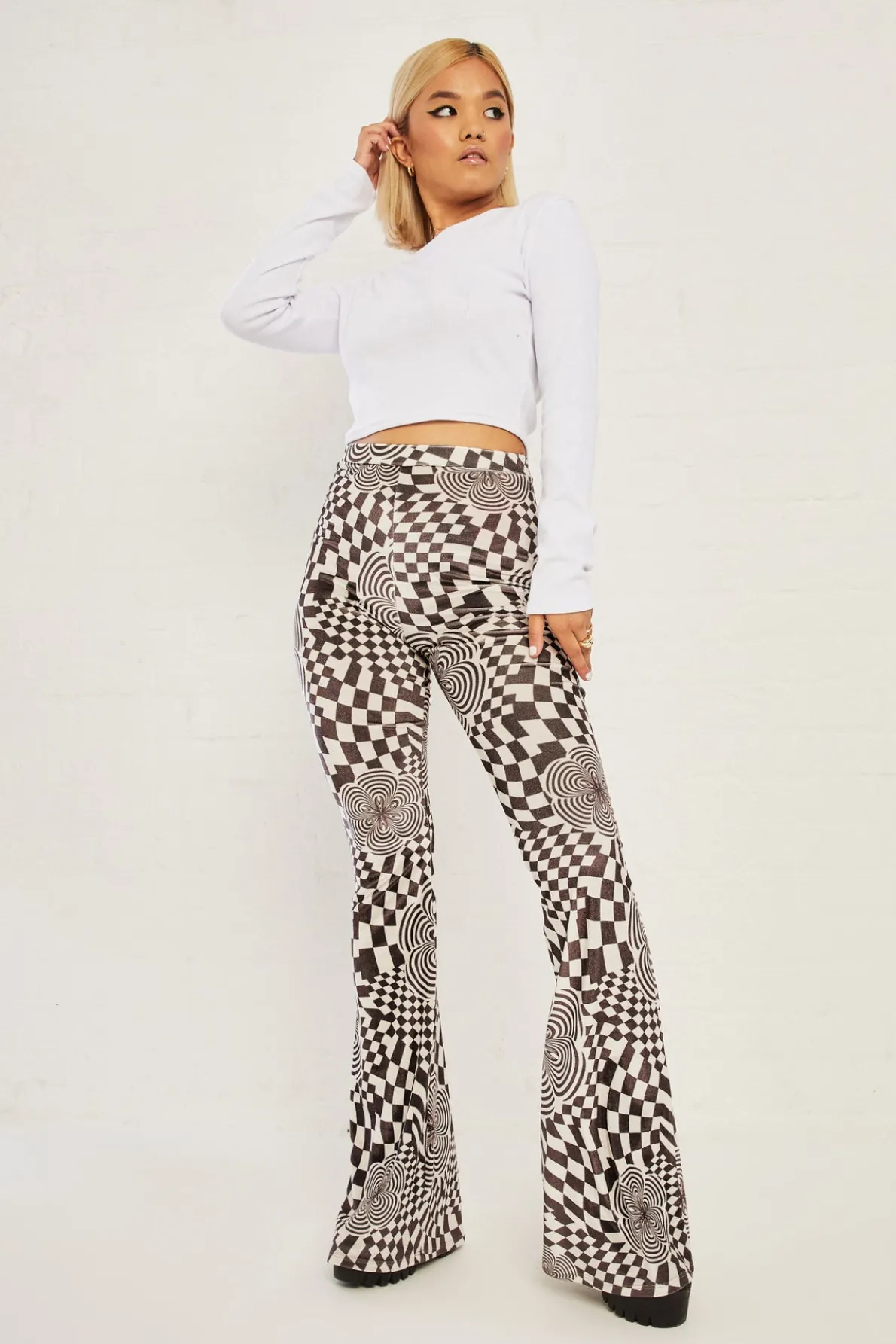 Daisy Street High Waisted Flared Trousers In Velvet Print-Women Trousers