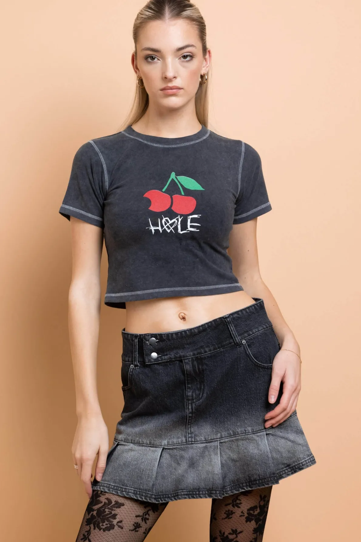 Daisy Street Hole Cherry Washed Baby Tee With Contrast Stitch-Women Tops | T-Shirts