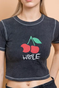 Daisy Street Hole Cherry Washed Baby Tee With Contrast Stitch-Women Tops | T-Shirts