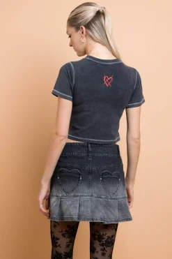 Daisy Street Hole Cherry Washed Baby Tee With Contrast Stitch-Women Tops | T-Shirts