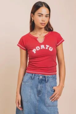 Daisy Street Jersey Notched Top With Porto Print-Women Tops